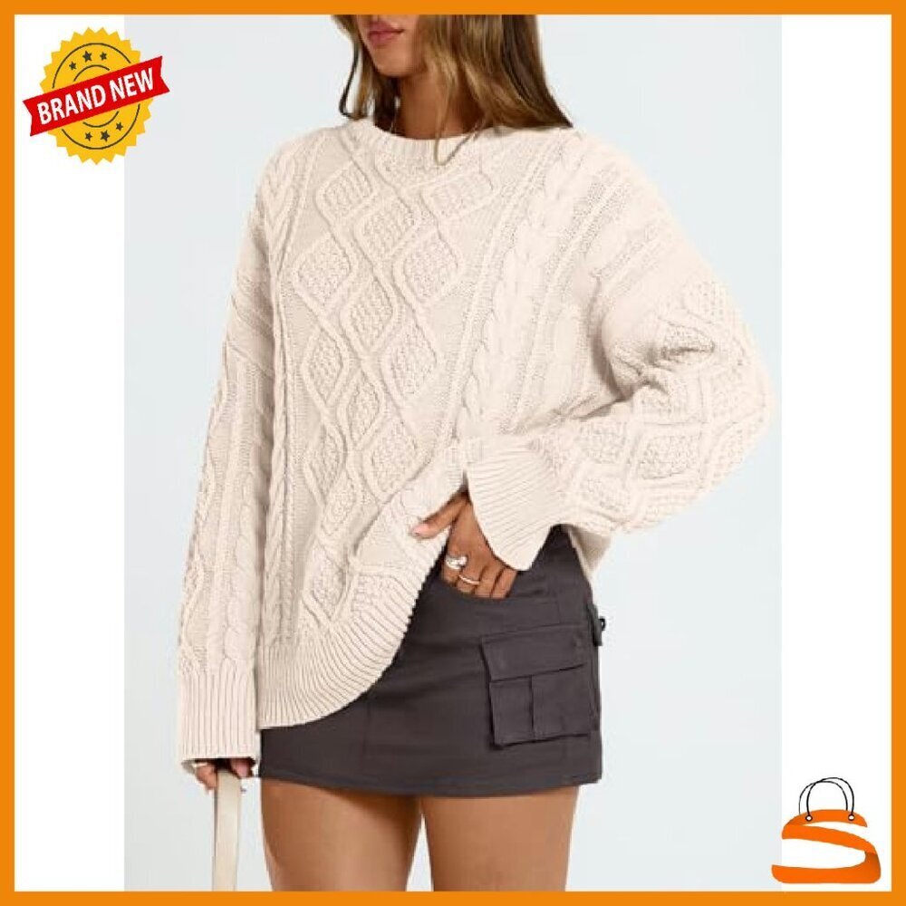 Oversized Cable Knit Crewneck Sweater, 40% Acrylic 60% Cotton, Cozy Winter - Picture 4 of 7